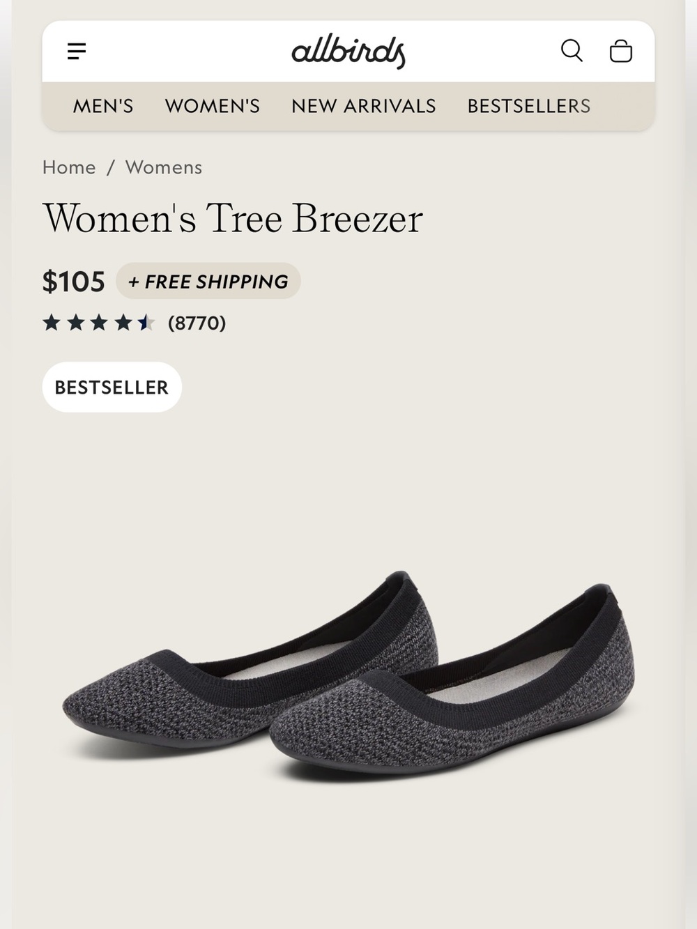 allbirds flats in in storm grey/black tree breezer machine washable